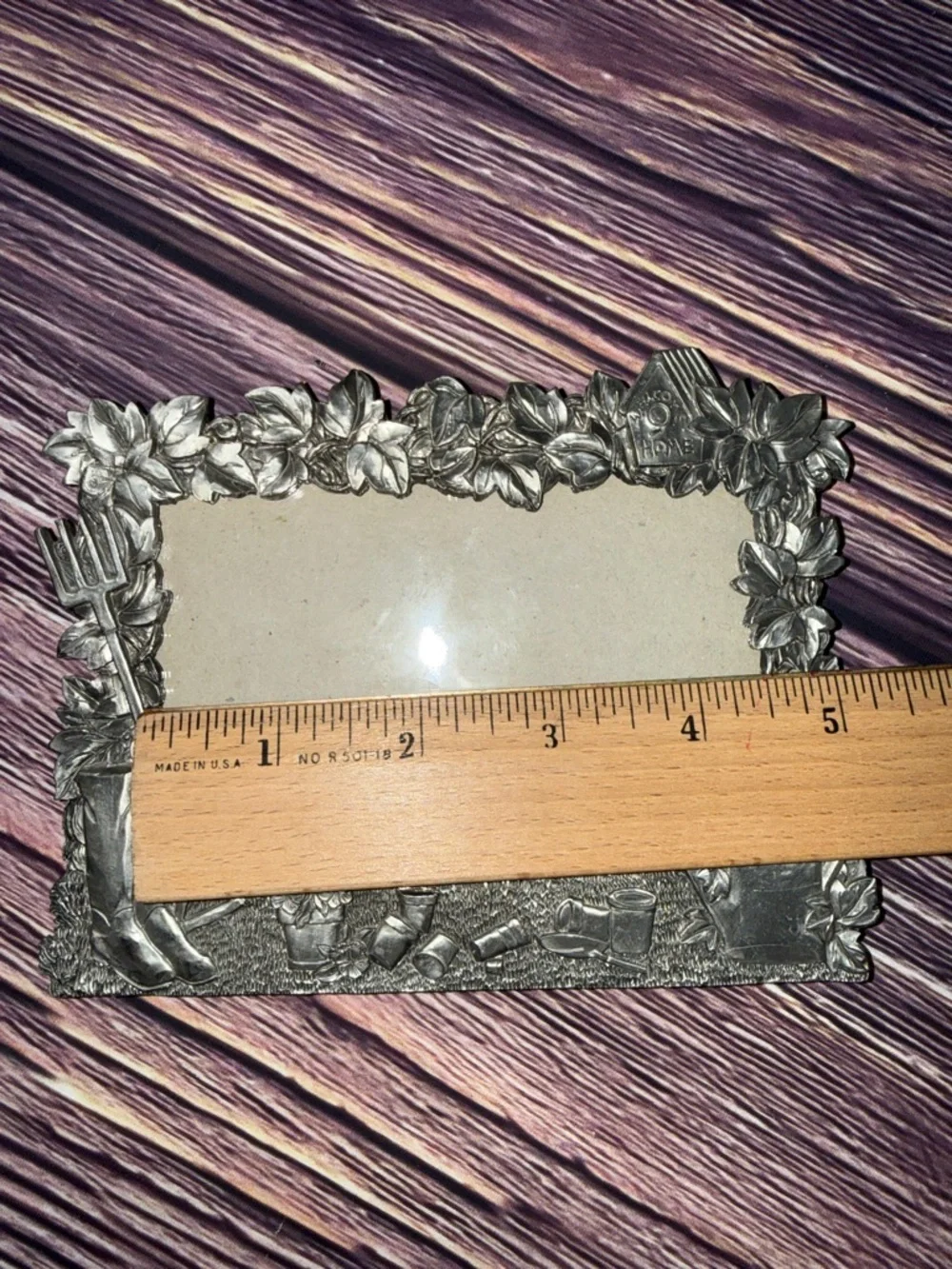 Perfect Art Nouveau Pewter Garden Theme Silver Photo Frame. Watering Can Flowers